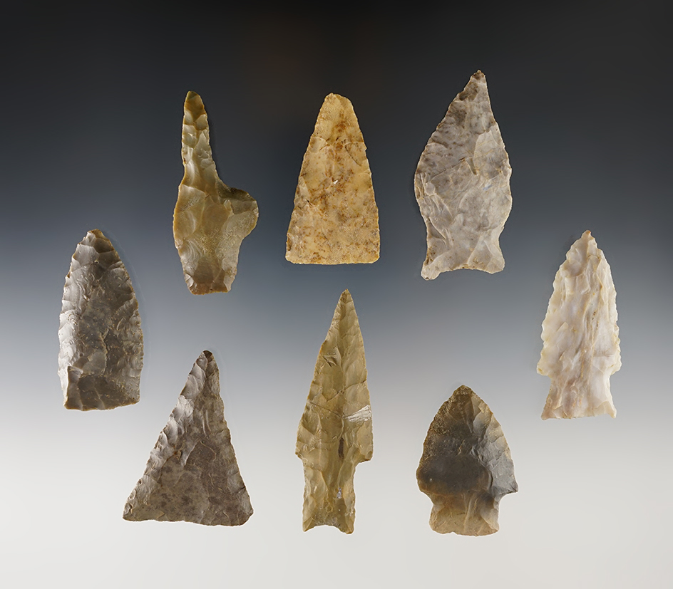 Set of 8 nice Midwest points. The largest is 2 7/8".