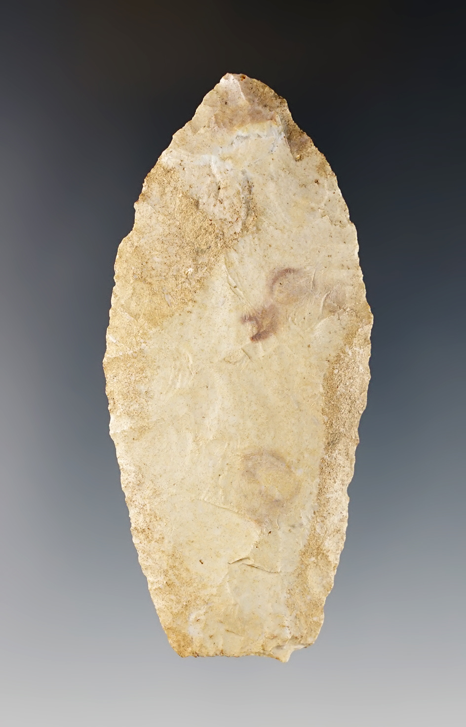 Thin and well flaked 3" Paleo Lanceolate found in Licking Co., Ohio. Ex. Cline collection.