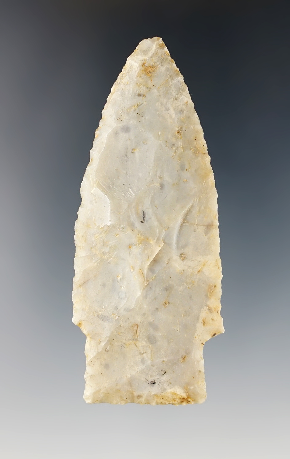 2 13/16" Paleo Stemmed Lance made from Flint Ridge Flint. Huron Co., Ohio. Ex. John Boggs.