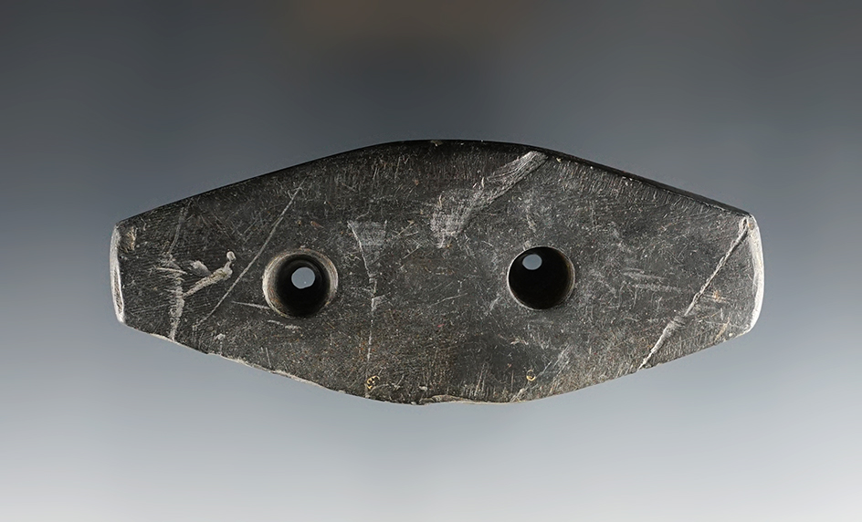 Nicely patinated 4" long Expanded Center Gorget found in Hardin Co., Ohio. Ex. Bill Howard.