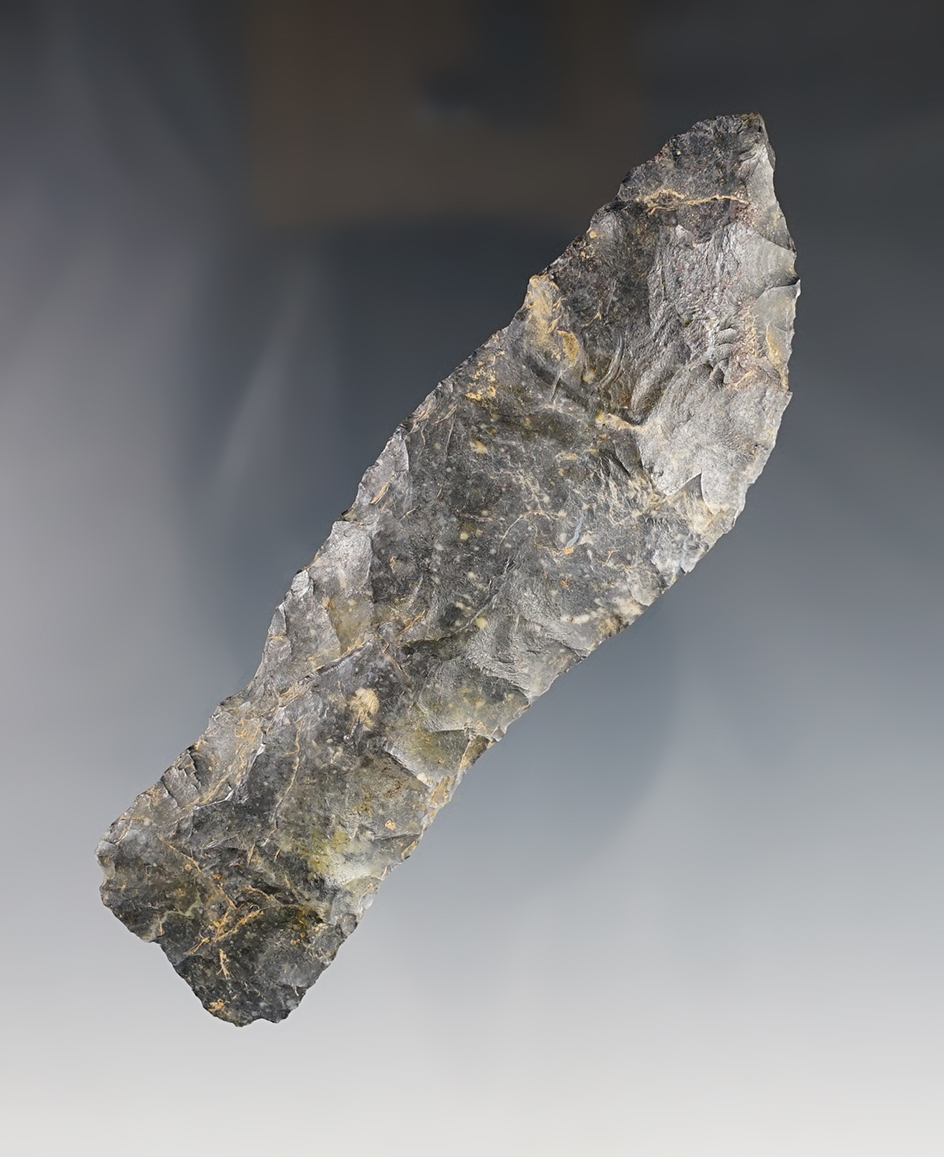 4 3/16" Paleo Knife found in Madison Co., Ohio. Made from patinated Coshocton Flint.