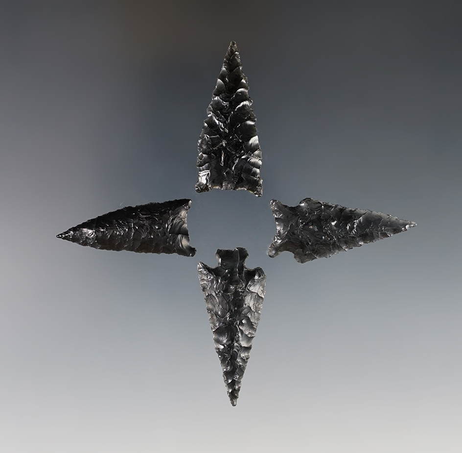 Set of 4 finely made Great Basin Obsidian points in excellent condition. The largest is 1 3/4".