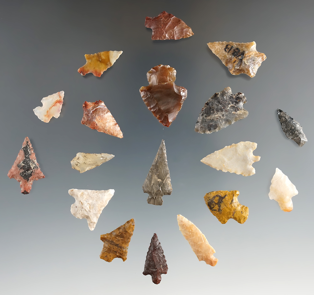 set of eighteen assorted Columbia River Gem points, largest is 1".