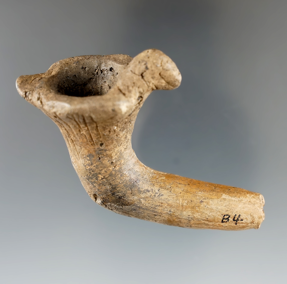 2 7/8" Iroquois clay bird effigy pipe - New York - broken and mended at the elbow.
