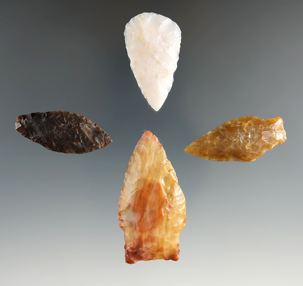 Group of four assorted arrowheads found near the Columbia River, largest is 2 1/8".