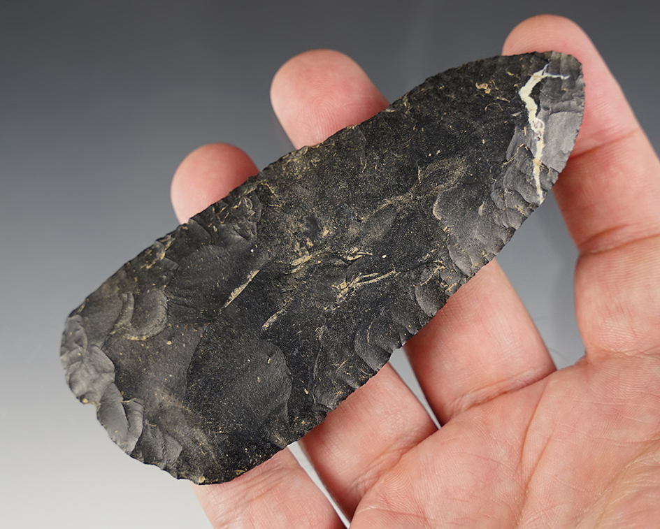 4 3/8" nicely made Archaic Cobbs Blade with lightning streak in tip. Found in Central Ohio.