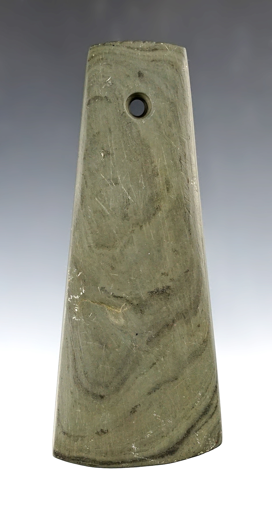  4 3/16" Trapezoidal Pendant with 5 tallies. Found by Bill Likens near Big Darby Creek, Ohio.