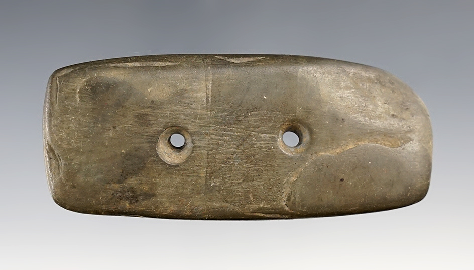 3 9/16" well patinated Rectangular Gorget found in Ashland Co., Ohio. Excellent age on surface.