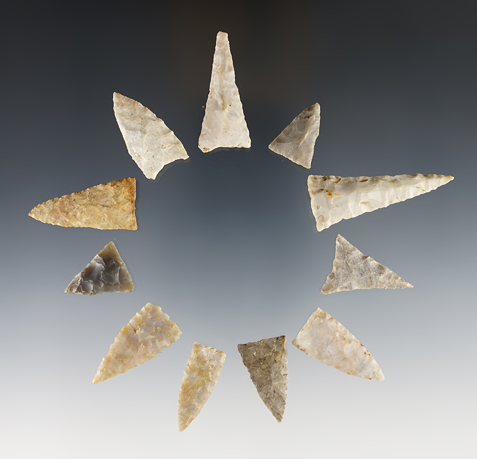 Ex. Museum! Set of 11 nice Triangle Points found in the Midwest. The largest is 1 3/4".