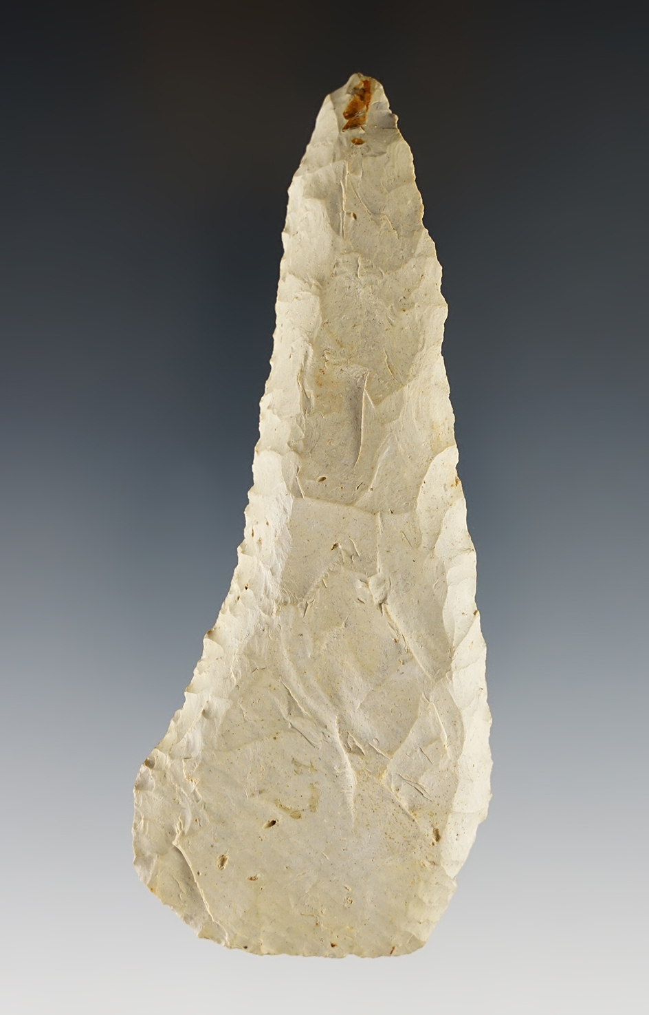 4 3/16" Beveled Knife found in Knox Co., Ohio. Made from patinated beige Chert. Ex. Gene Day.