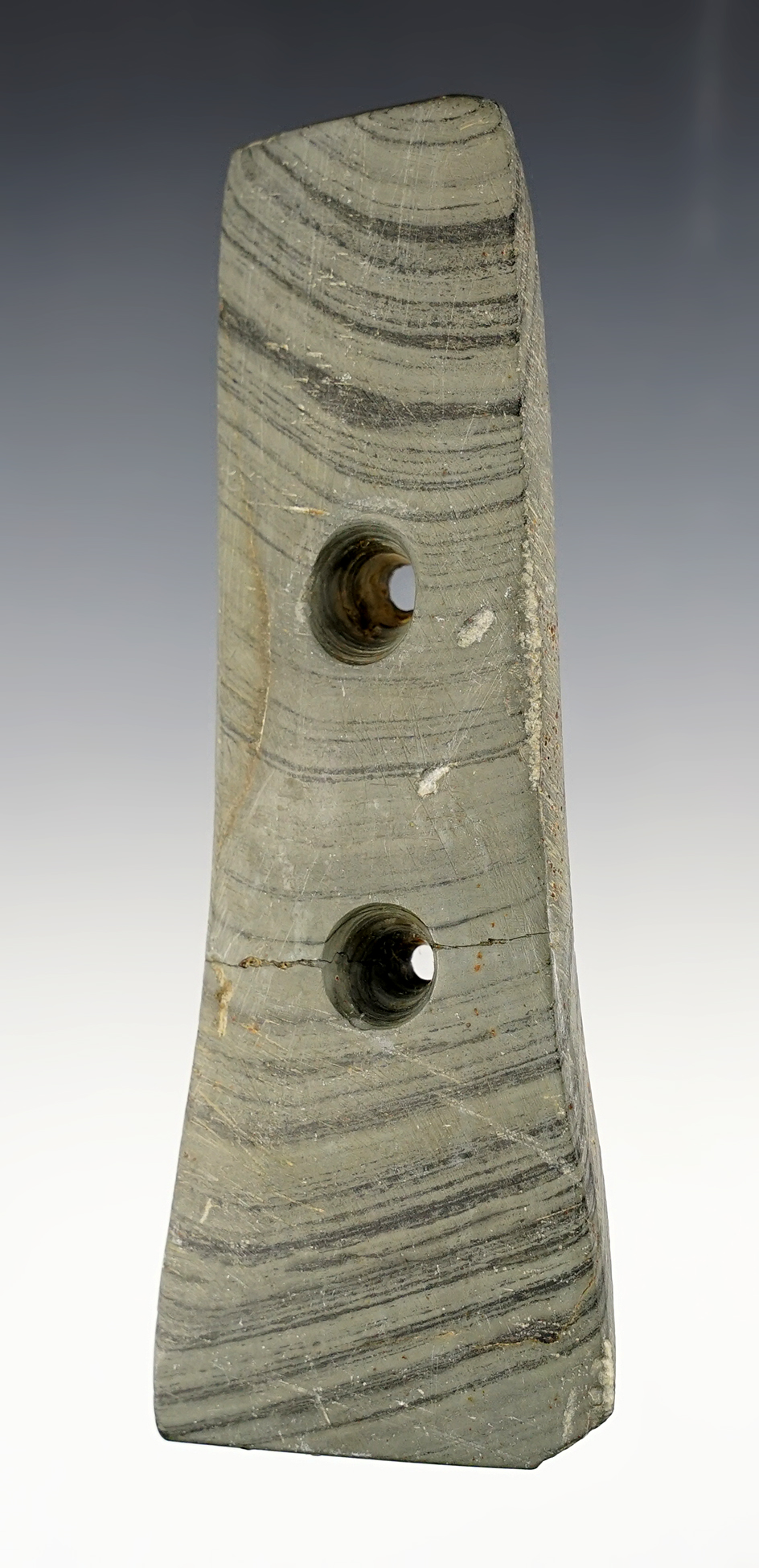 Uniquely styled 4 7/8" Gorget - glued. Found north of Ada near Hog Creek., Hardin Co., Ohio.