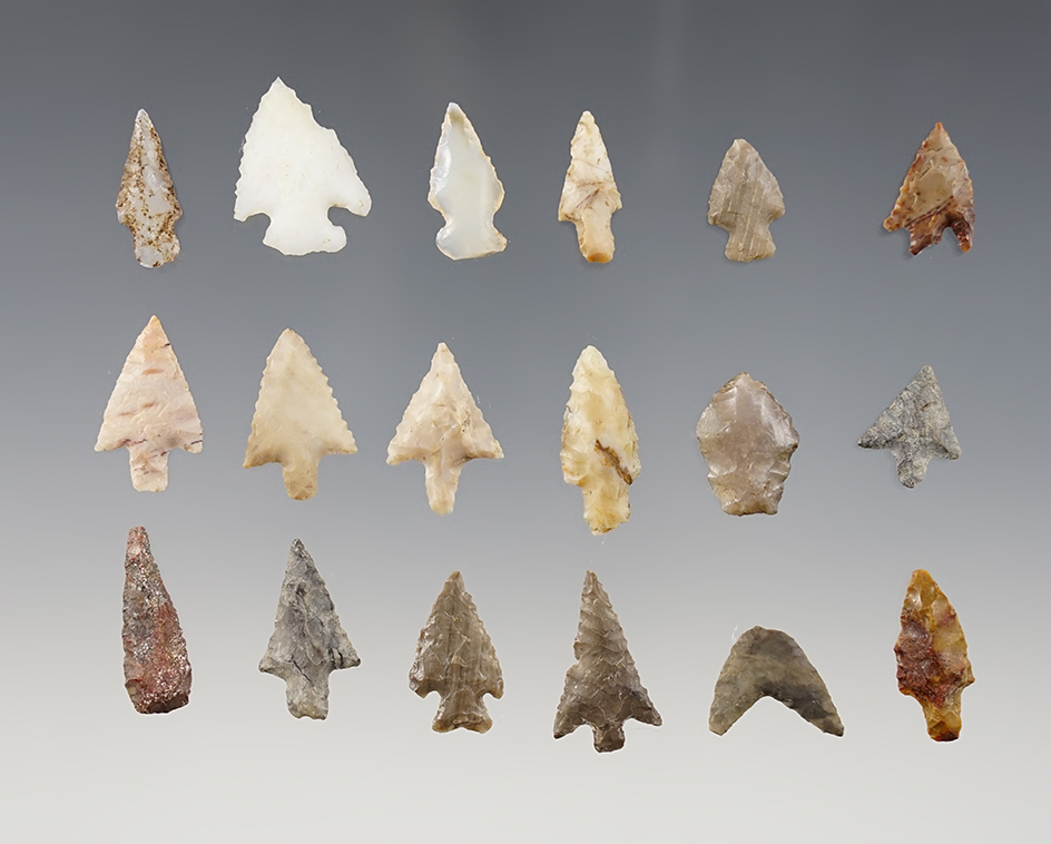 Set of 18 assorted arrowheads found near the Columbia River. Ex. Wilke Museum.