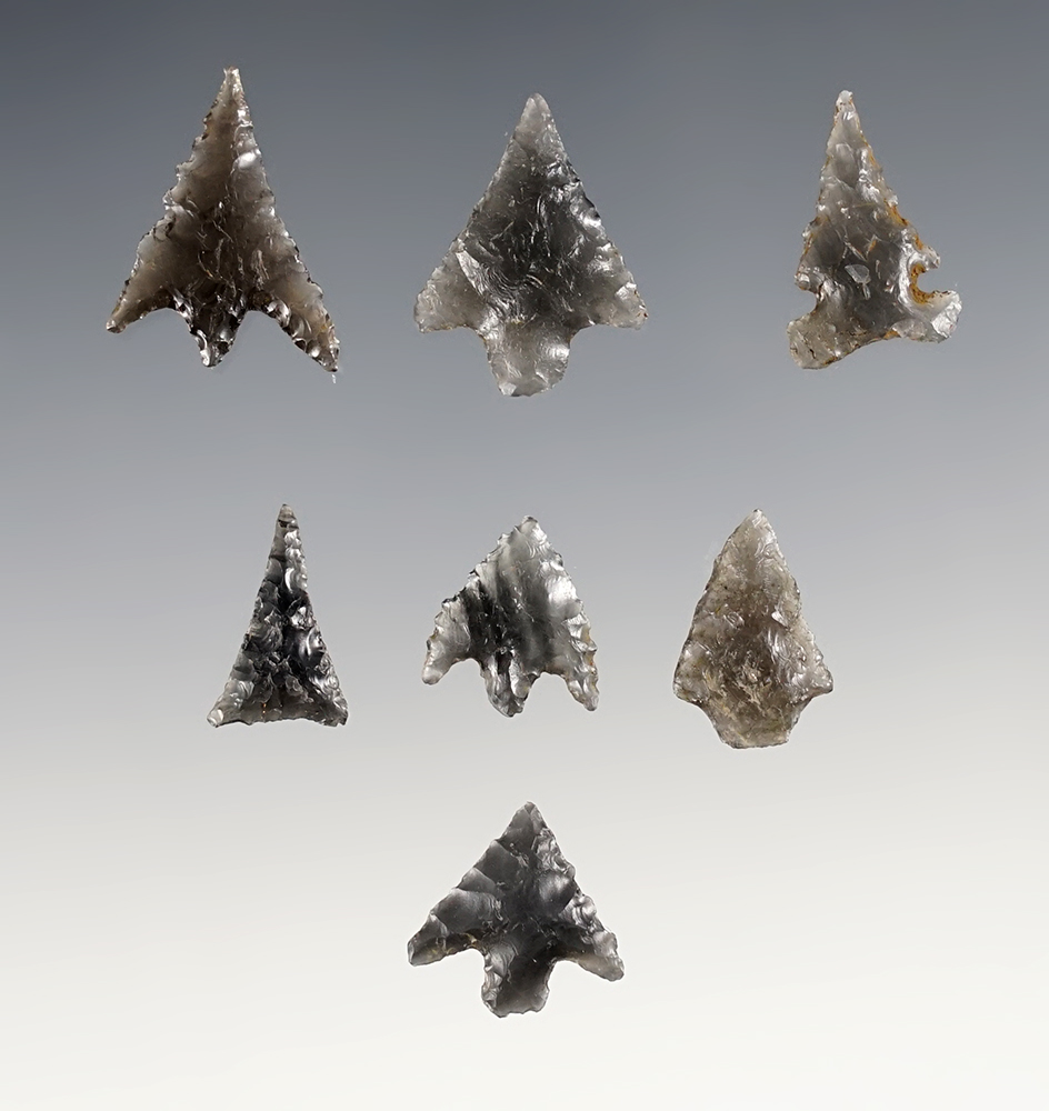 Set of 7 assorted Obsidian points found in the Western U.S. The largest is 15/16".