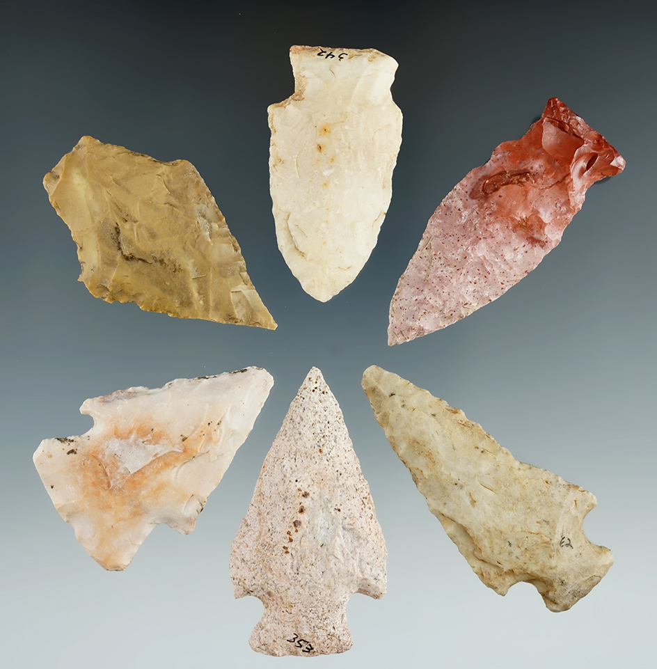 Six assorted arrowheads found in Missouri, largest is 2 3/8".
