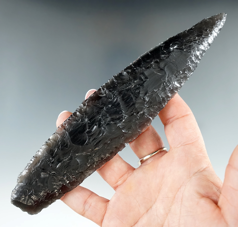Sale Highlight - Pictured! 6 7/8" Early Stemmed lance - gem quality obsidian - Lake Co., OR. 2 COAs.