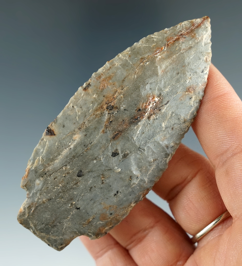 Very well styled 3 3/8" square stemmed broad point found by Dr. Robert E. Stewart - Columbia River.