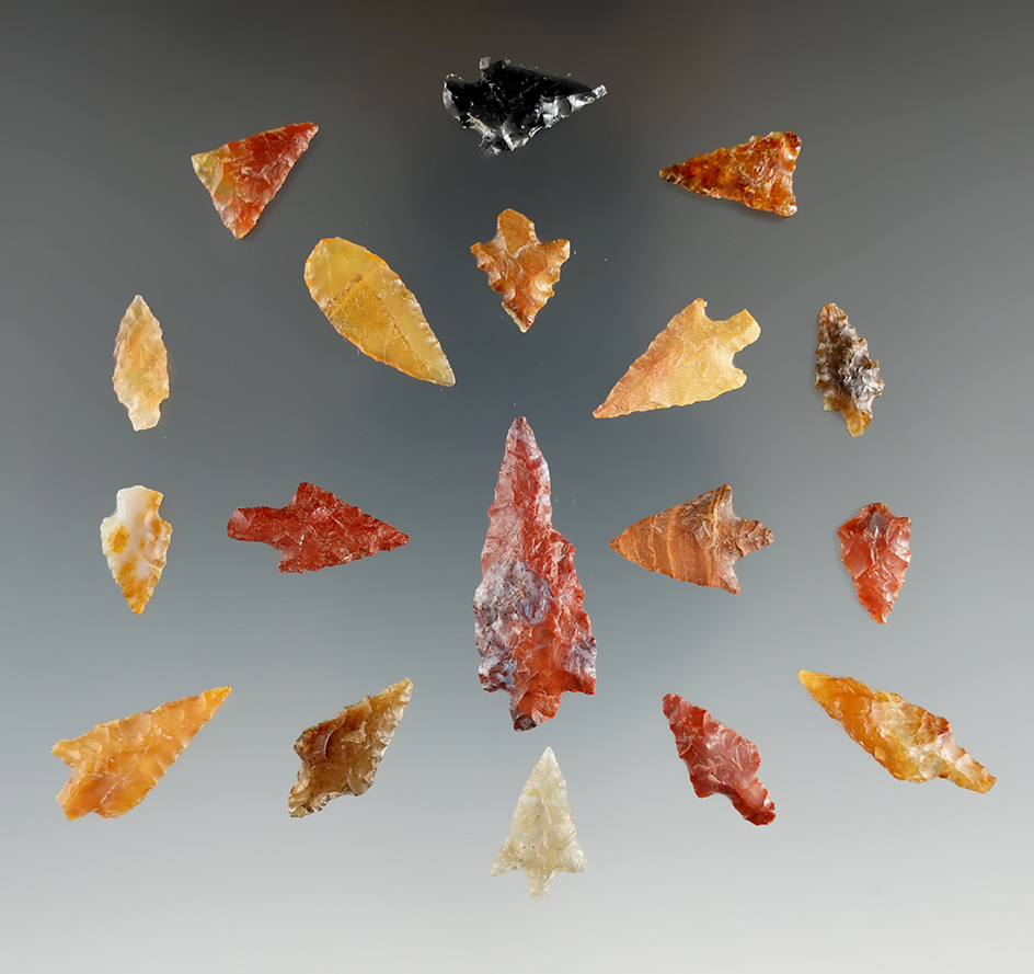 Set of 18 assorted Gem points found near Sauvies Island, Columbia River, Oregon. Largest is 1 7/16".