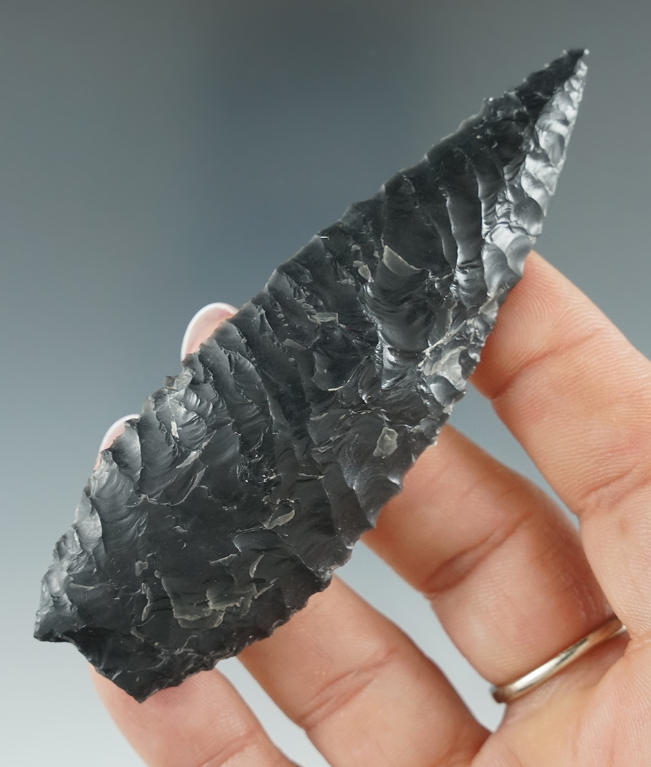 Excellent style and flaking on this 3 9/16" Humboldt Concave Base found in Lake Co., Oregon. COA.