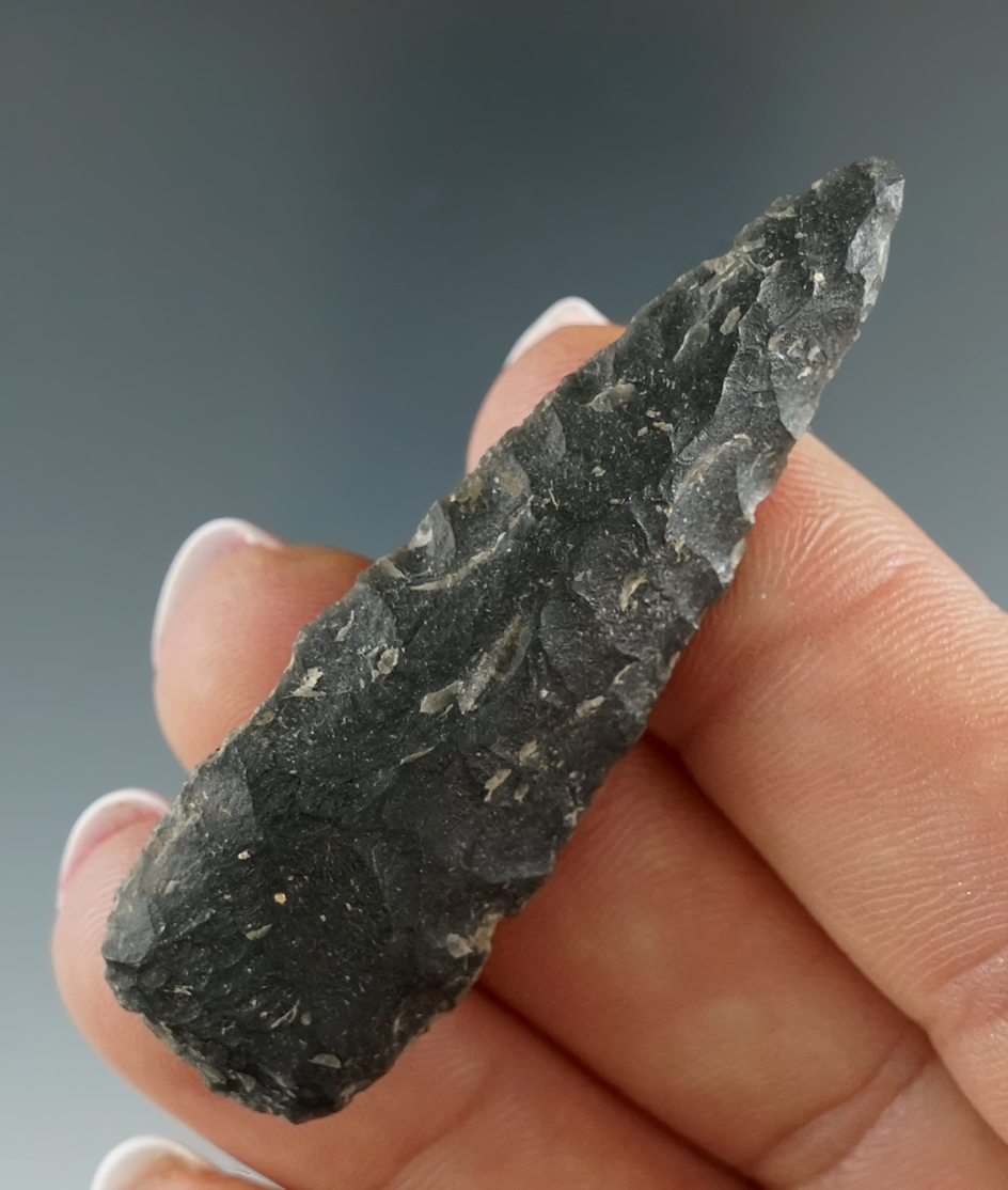 2 1/8" Cody Complex Knife within nicely ground stem area found by Lloyd McLeod in Lake Co., OR.