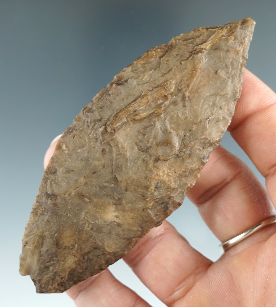 3 3/4" Early Leaf Bi-Pointed Knife that is heavily patinated found in Oregon. Perino COA.