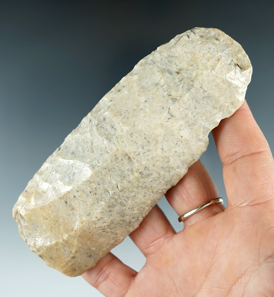 4 3/8" double bit Adze with heavy use polished on both ends found in Missouri.