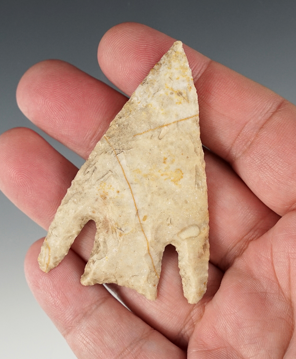 2 5/8" Marshall made from white chert, found in Williamson Co., Texas. Ex. Bill Arnold.