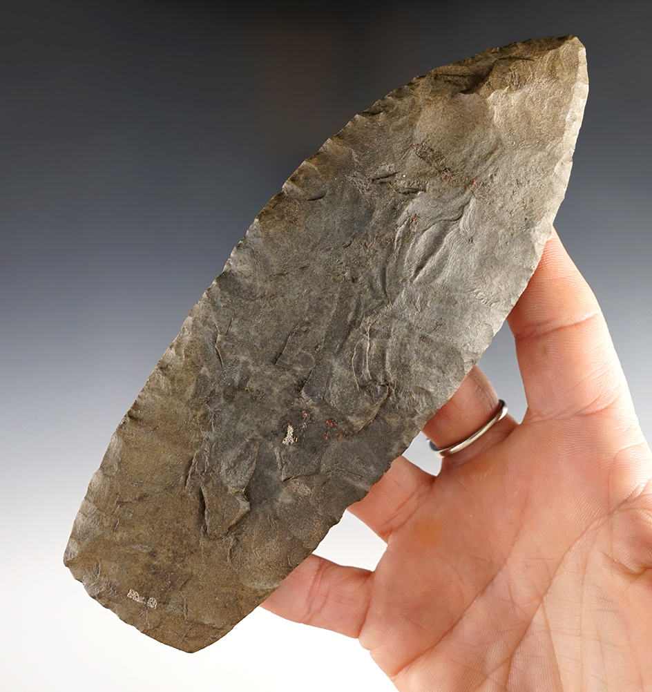 Clermont County Cache! 6 1/8" Cache Blade made from patinated tan and gray chert.