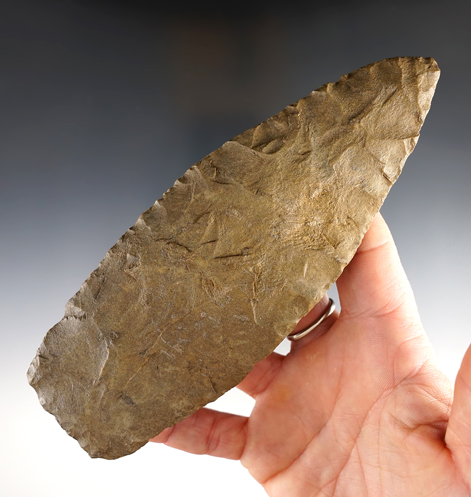 Clermont County Cache! 6 3/16" Cache Blade made from patinated tan and gray chert.