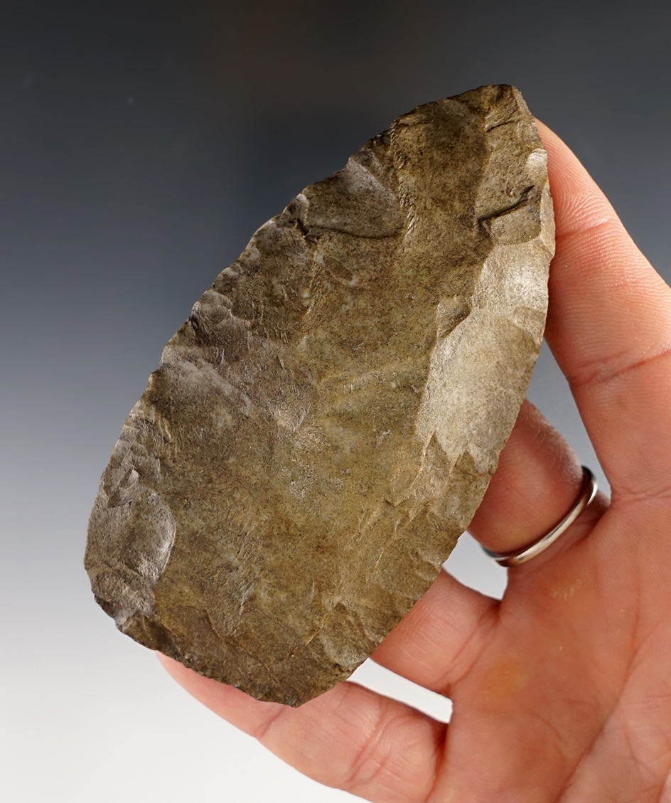 Clermont County Cache! 3 5/8" Cache Blade made from patinated tan and gray chert.