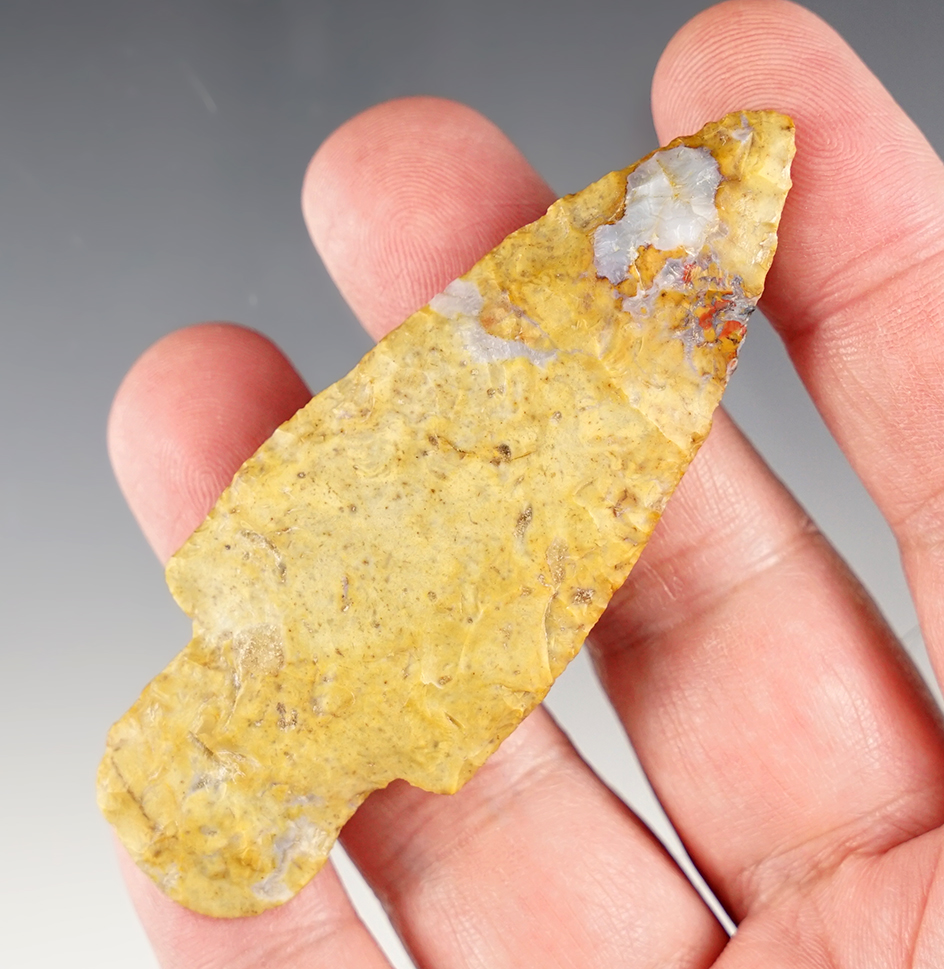 3 3/16 " Adena made from patinated Flint Ridge Flint, found in Champaign Co., Ohio by H. Frush. 