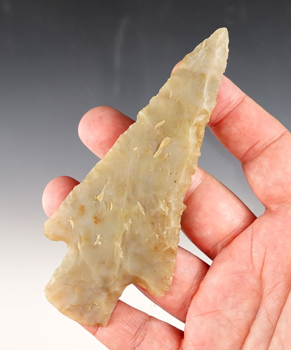 4 15/16" Robbins made from honey colored Flint Ridge Flint. Found in Southern Ohio. COA. 