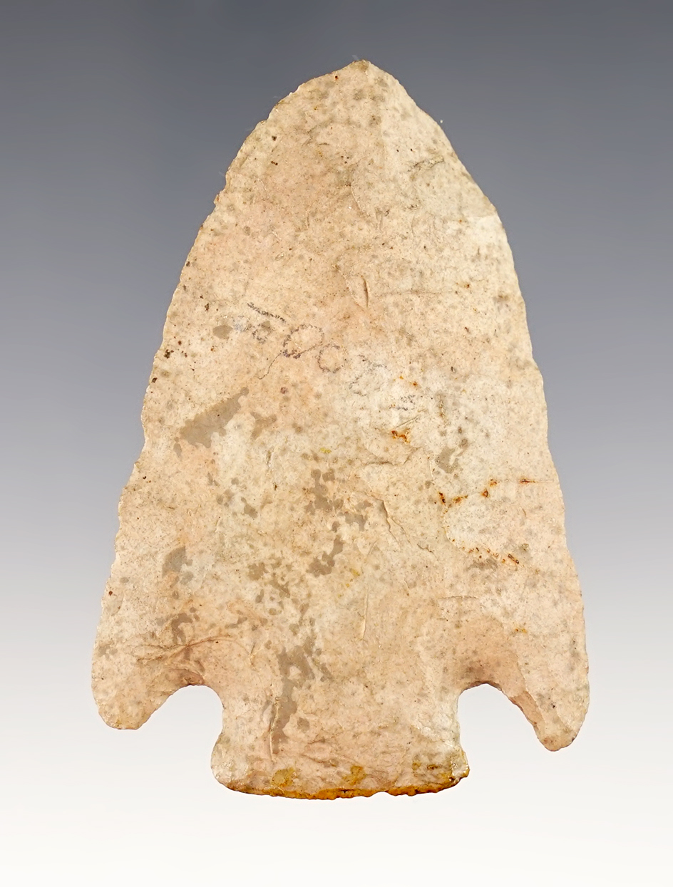 2 9/16" Basal Notch made from mottled chert. Found in Shelby Co., Ohio. Pictured. Bennett COA. 