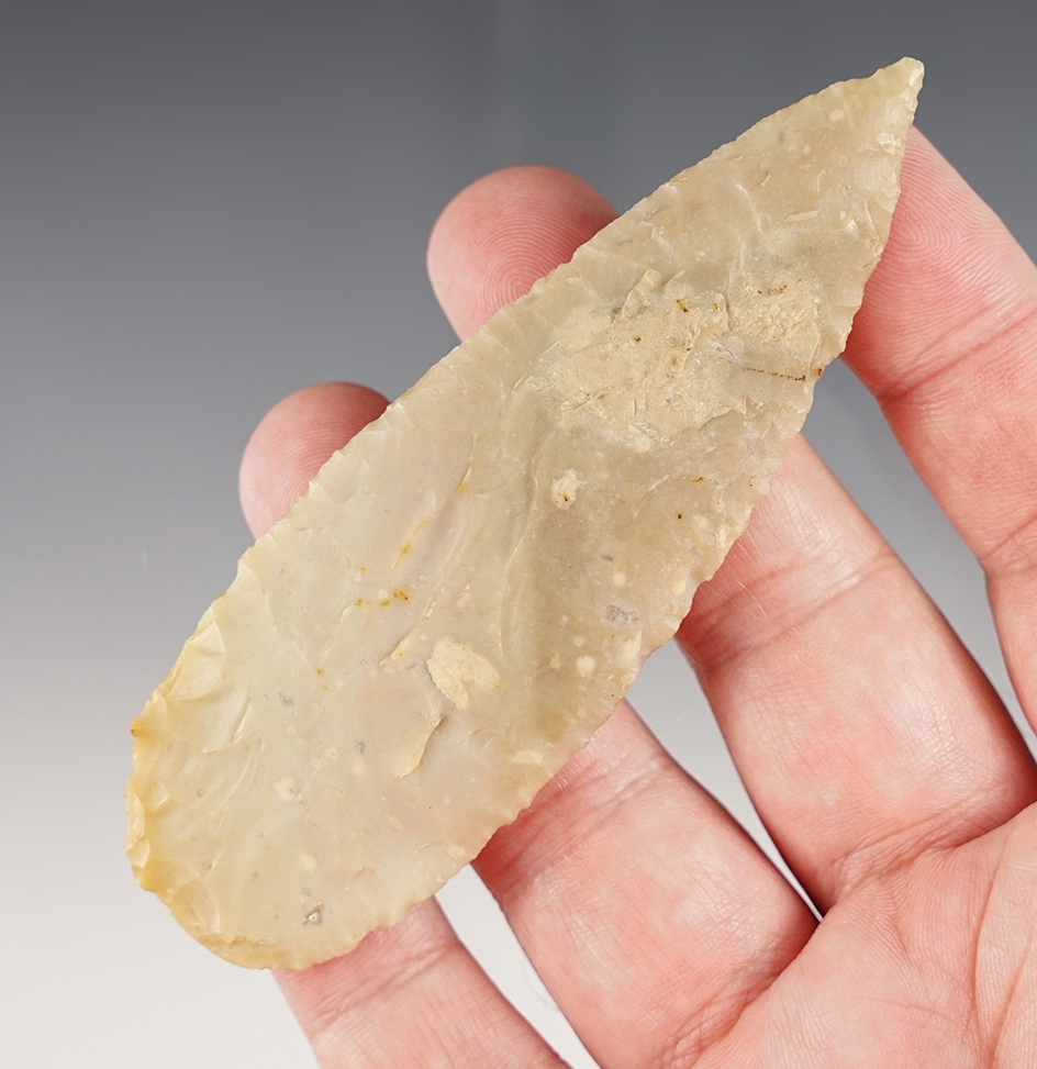 4 1/16" nicely patinated Flint Ridge Flint Adena Blade. Found in Ross Co., Ohio. 