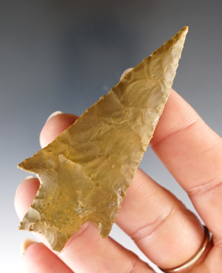 2 15/16" Texas Pedernales that is well made with superb flaking. Comes with a Bennett COA.