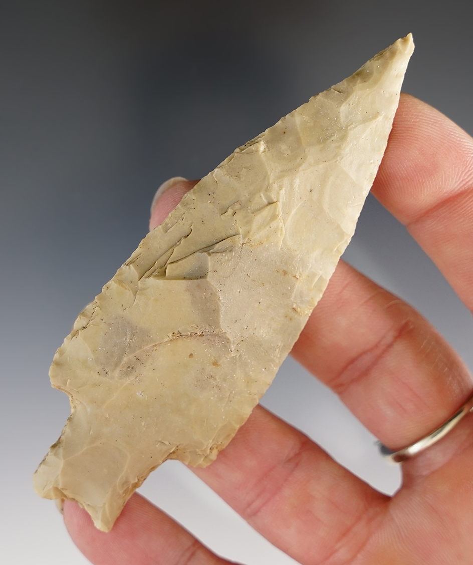 3 1/2" Uvalde made from tan Chert, found in Bexar Co., Texas, along Cibolo Creek. Rogers COA.