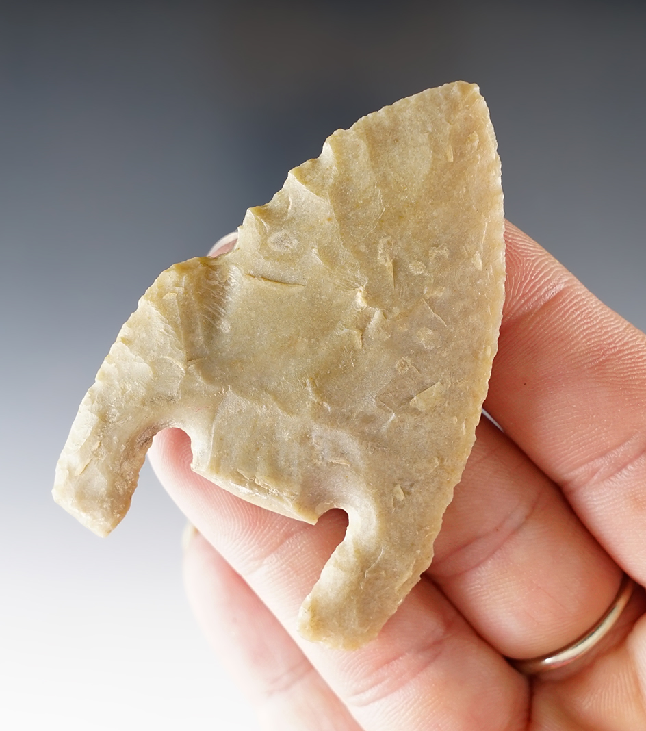 2 1/2" Calf Creek made from beige Chert, found in Texas. Comes with a Bennett COA.