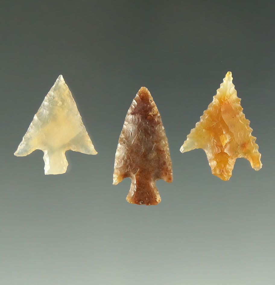 Set of three exceptional Columbia River Gempoints found in Washington, largest i 13/16".