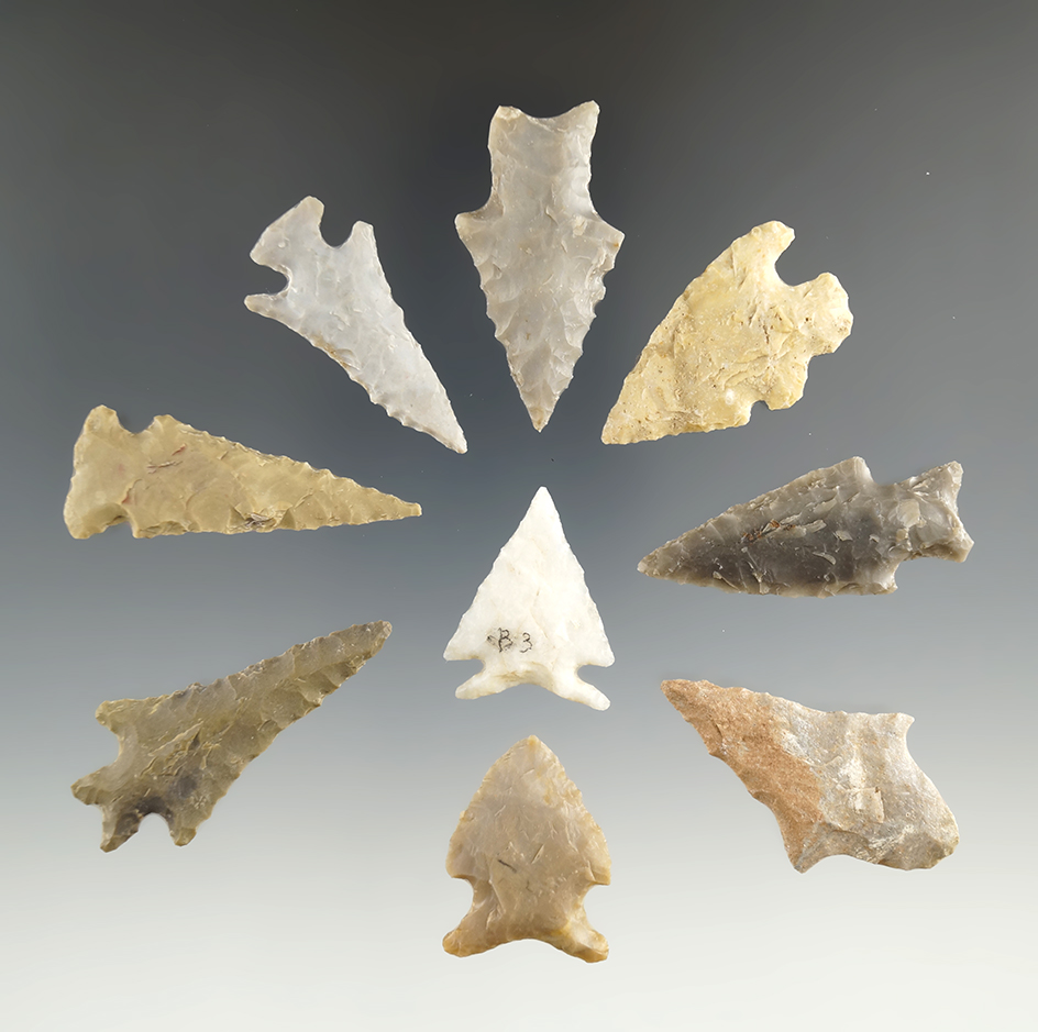 Group of nine assorted Texas arrowheads, largest is 1 7/8".