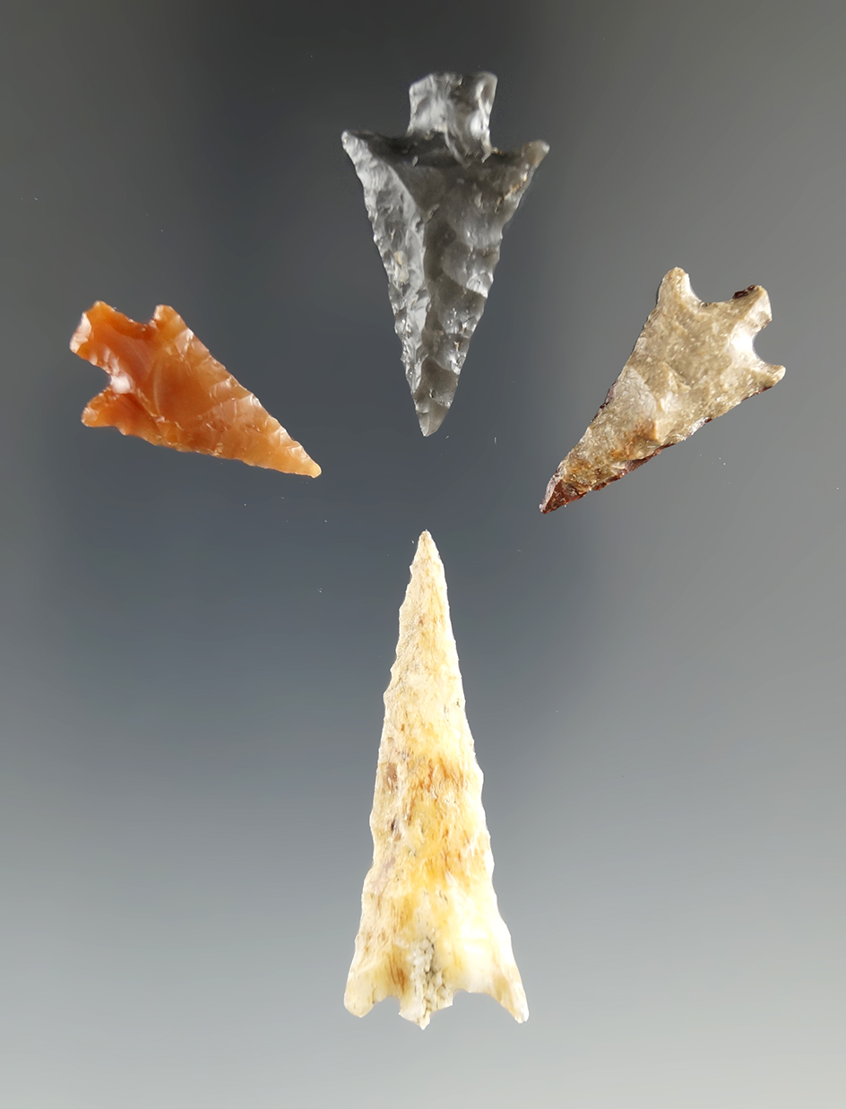 Set of four Columbia River arrowheads found near Fountain Bar, largest is 1 1/2".