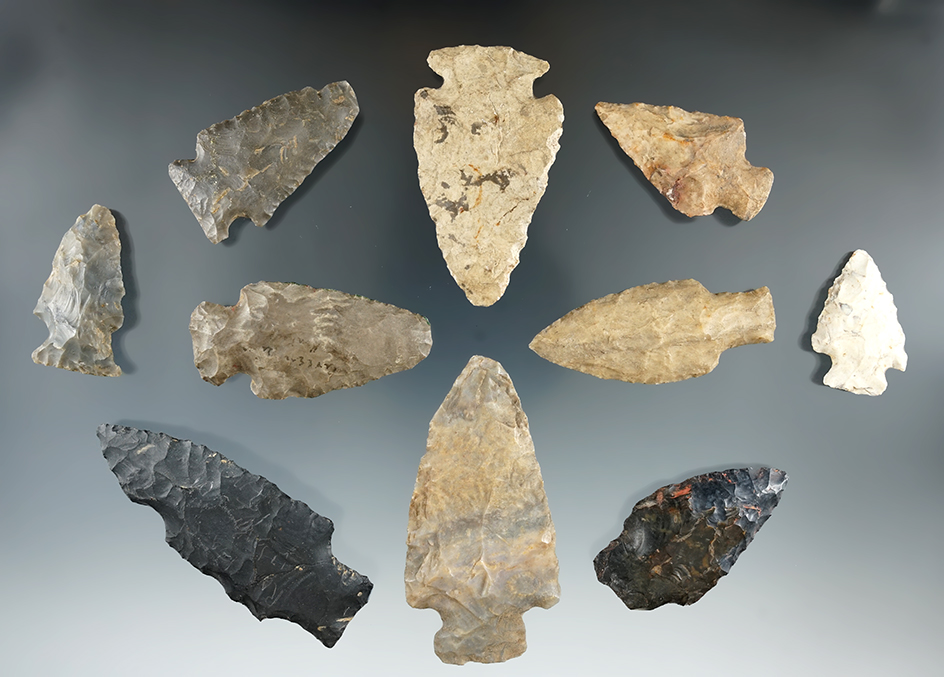 Set of 10 Indiana Arrowheads, largest is 2 3/4".