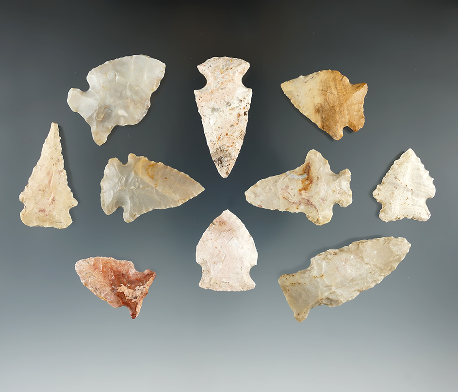 Set of 10 Indiana Arrowheads, largest is 2".