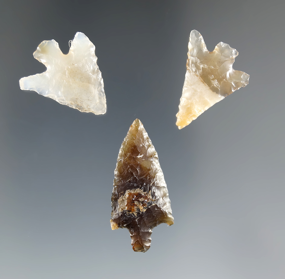 Set of three Gem points found near the Hood River, Oregon on in the 1960s, largest is 1 3/16".