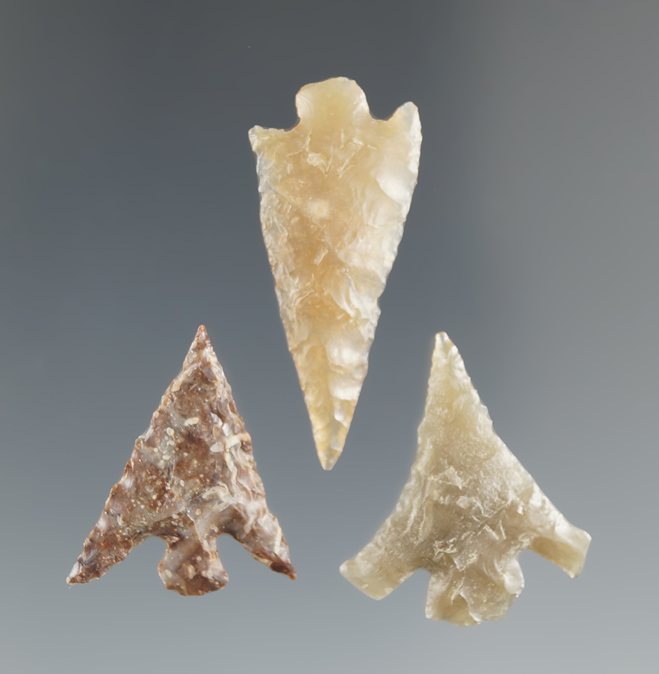 Set of three nice Columbia Plateau points found near the Quilomene Bar, Columbia River.