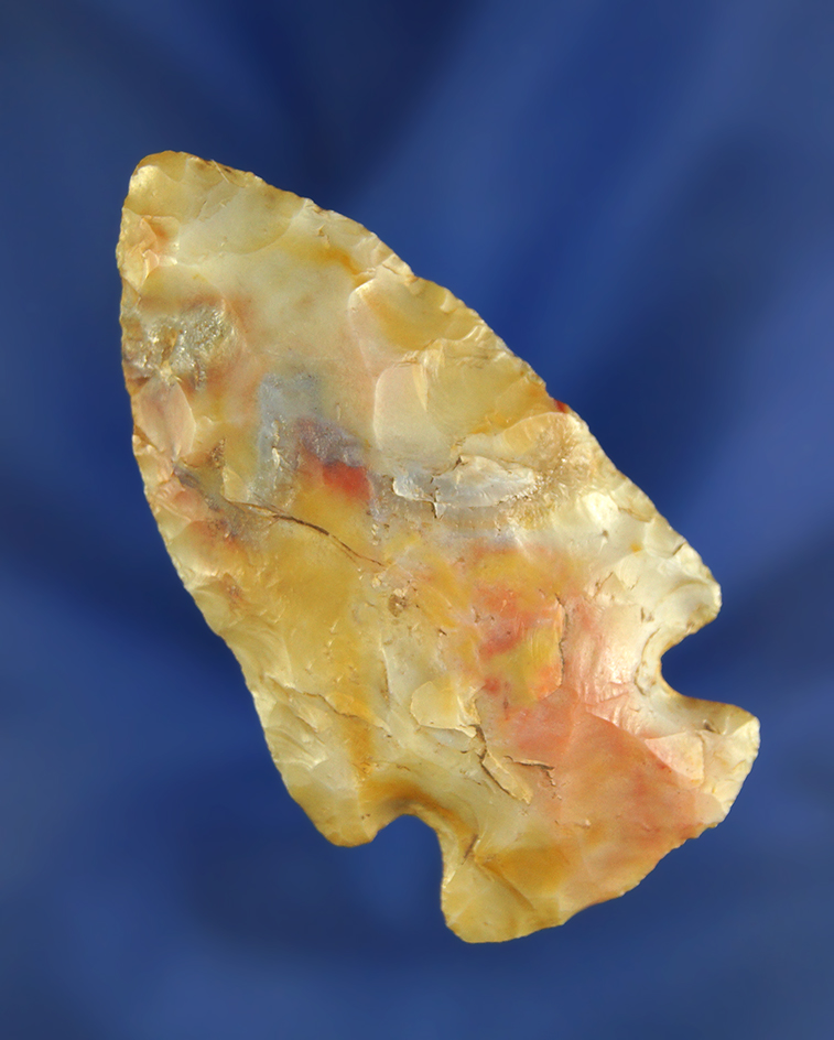 Beautifully colored 2 3/8 Flint Ridge Flint Archaic Cornernotch found in Ohio. Ex. Steve Olenick