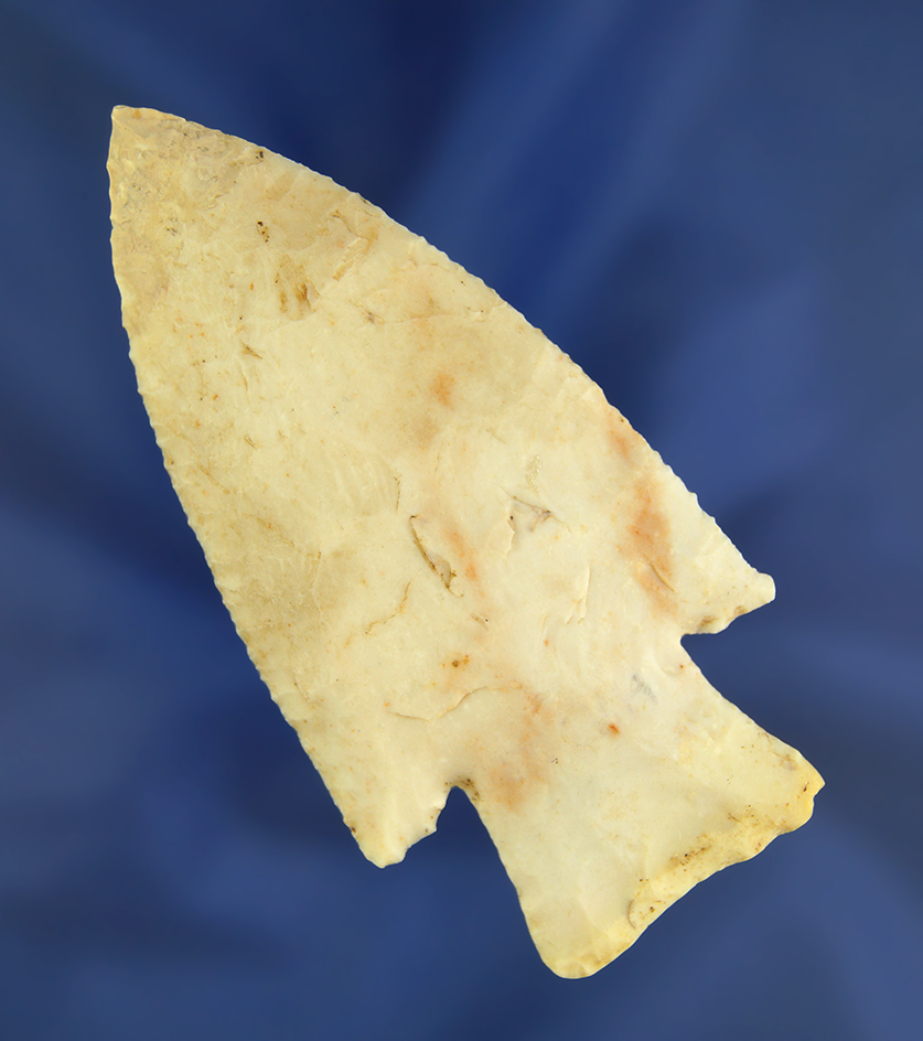 3 1/2" Burlington chert Hardin with exceptional flaking. Tip has been restored. Ex. Len Weidner