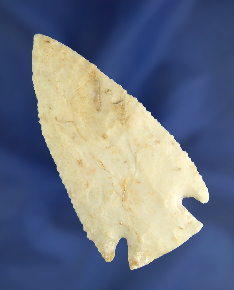 Exceptionally well flaked 3 5/16" Cornernotch with minor restoration to one ear and corner.