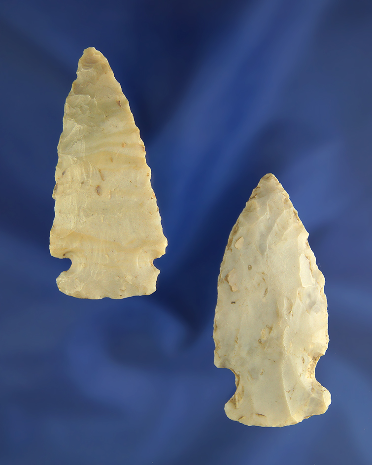 Pair of Flint Ridge Flint Cornernotch points found in Ohio, largest is 2 3/16".