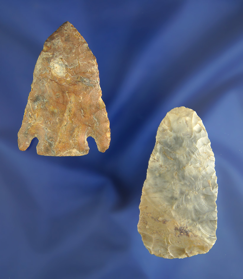 Nice pair of Ohio arrowheads including a 2 1/4" heavily patinated pentagonal point