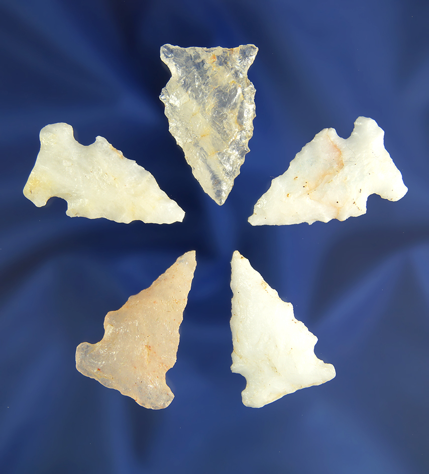Set of five assorted Quartz Arrowheads found in the East Coast, largest is 1 3/8".