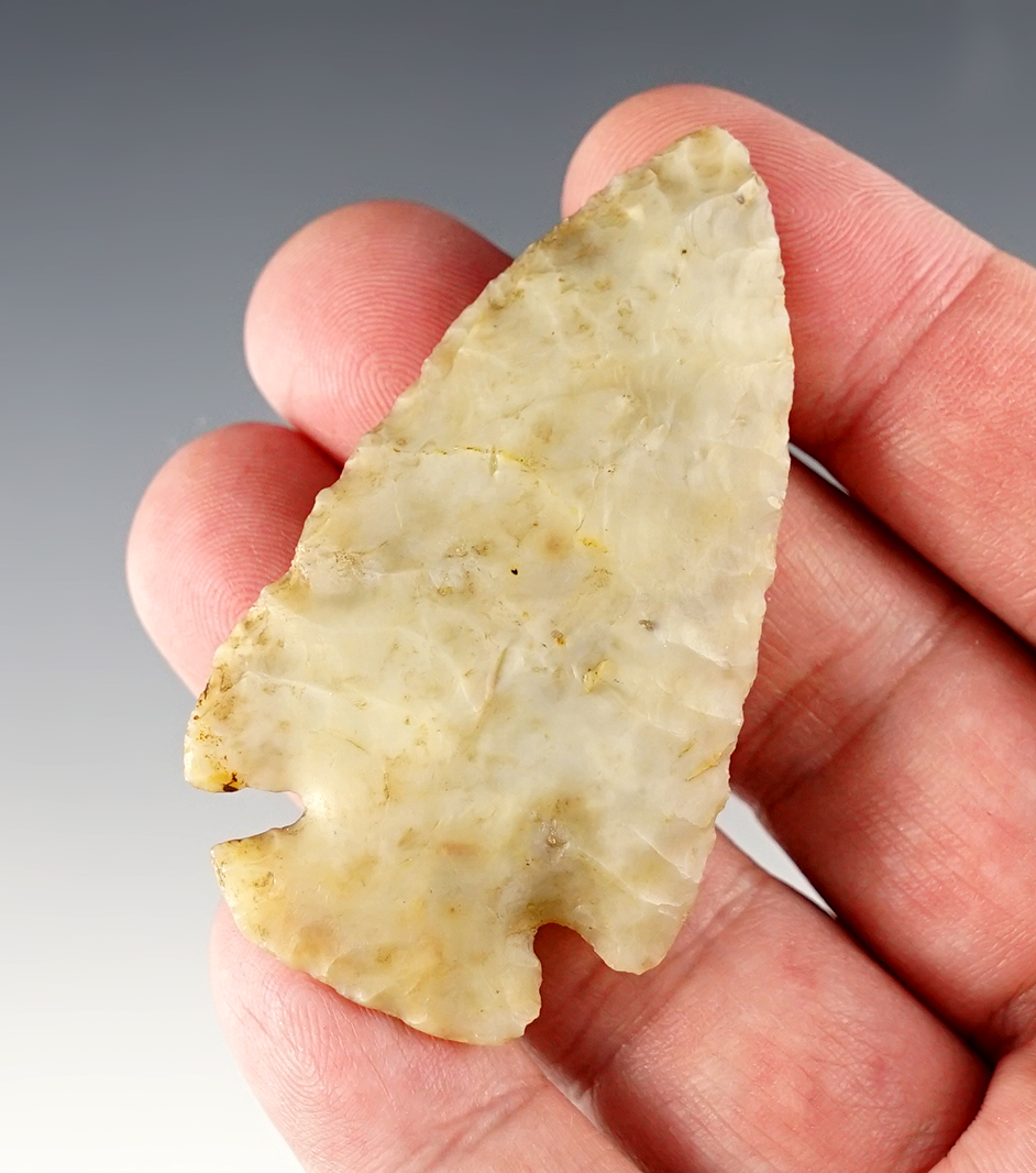 Well made 2 1/2" Flint Ridge Dovetail found in Wyandot Co., Ohio. Nice ancient grinding to base.